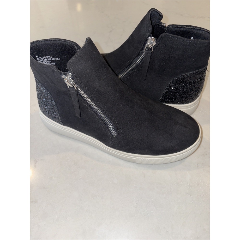 NEW Joie Women's 5 Black Faux Suede Wedgie Sneaker Bootie Glitter Slip On Zipper